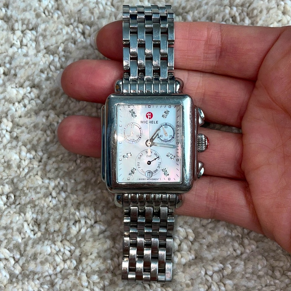 MICHELE Deco 18 Stainless Steel Diamond Detail Watch